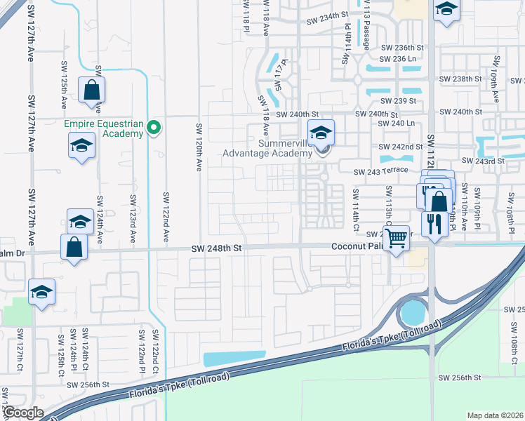 map of restaurants, bars, coffee shops, grocery stores, and more near 11701 Southwest 248th Street in Homestead