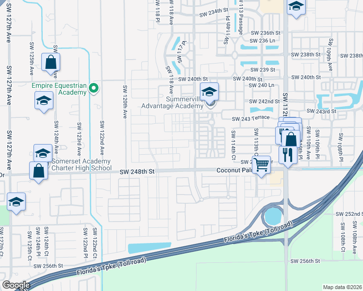 map of restaurants, bars, coffee shops, grocery stores, and more near 11701 Southwest 248th Street in Homestead