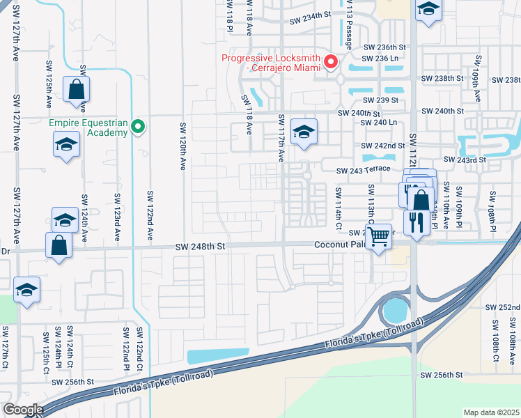 map of restaurants, bars, coffee shops, grocery stores, and more near 11701 Southwest 248th Street in Homestead
