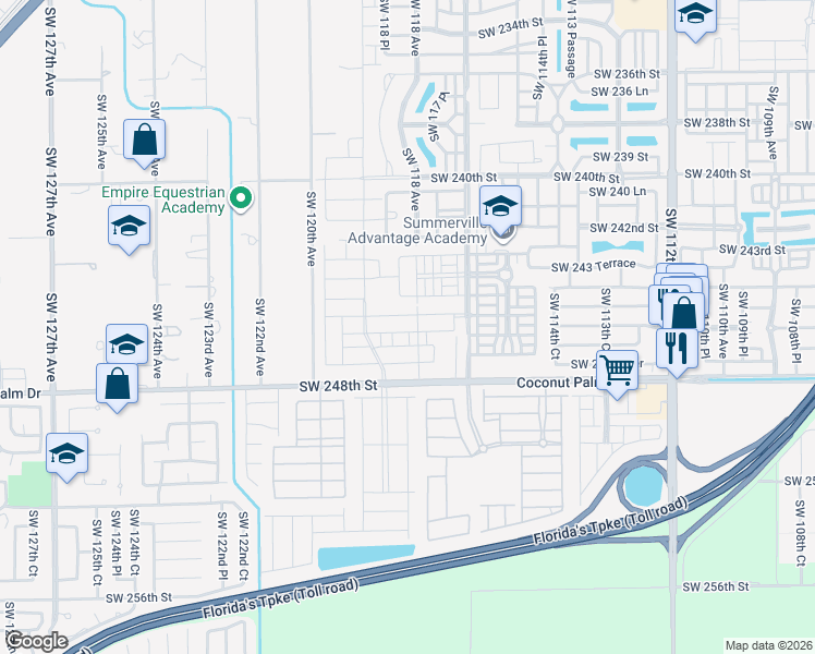 map of restaurants, bars, coffee shops, grocery stores, and more near 11701 Southwest 248th Street in Homestead