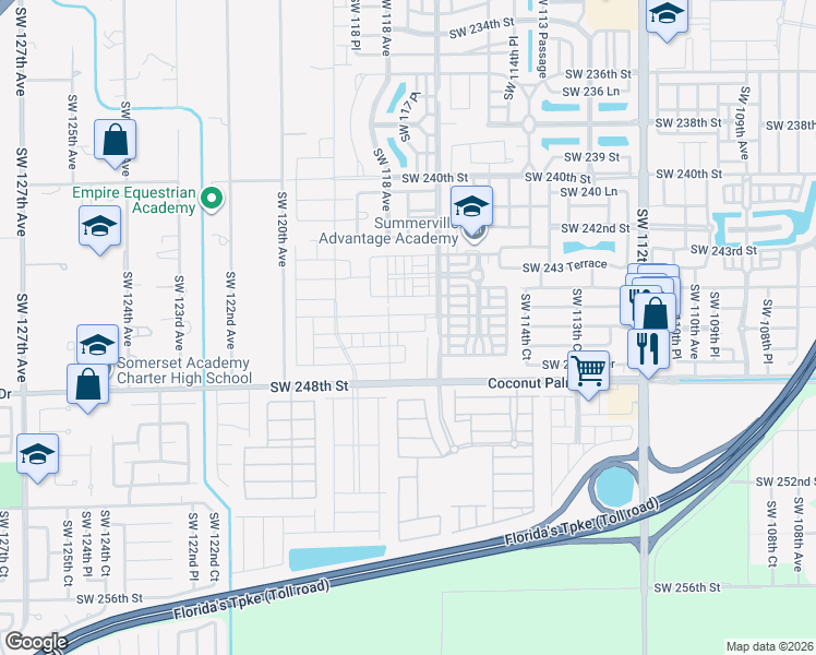 map of restaurants, bars, coffee shops, grocery stores, and more near 11701 Southwest 248th Street in Homestead