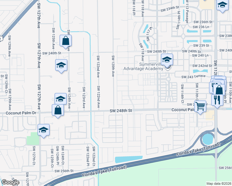 map of restaurants, bars, coffee shops, grocery stores, and more near 24540 Southwest 120th Avenue in Homestead