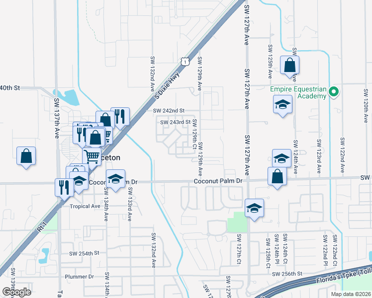 map of restaurants, bars, coffee shops, grocery stores, and more near 12953 Southwest 245th Terrace in Homestead