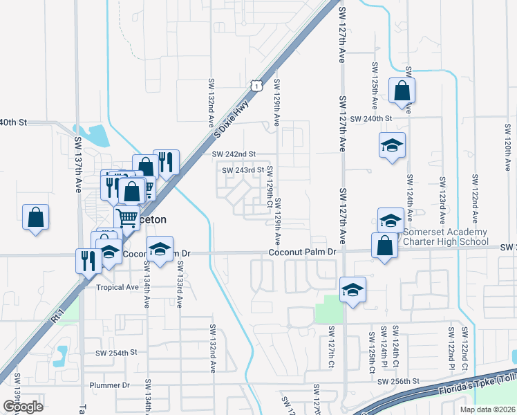 map of restaurants, bars, coffee shops, grocery stores, and more near 12953 Southwest 245th Terrace in Homestead