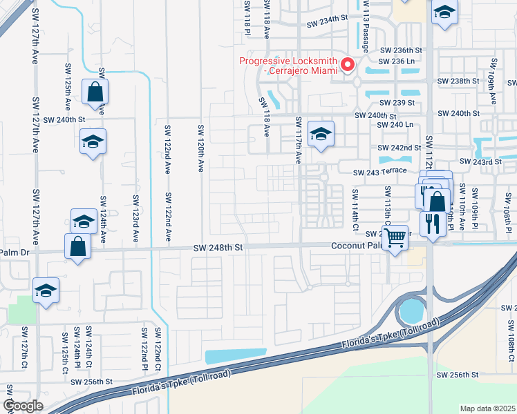 map of restaurants, bars, coffee shops, grocery stores, and more near 11701 Southwest 248th Street in Homestead