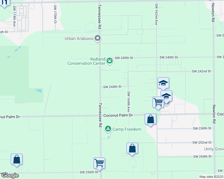 map of restaurants, bars, coffee shops, grocery stores, and more near 16500 Southwest 244th Street in Homestead