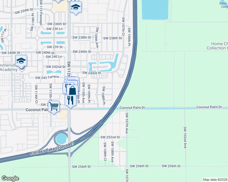map of restaurants, bars, coffee shops, grocery stores, and more near 24531 Southwest 108th Avenue in Homestead