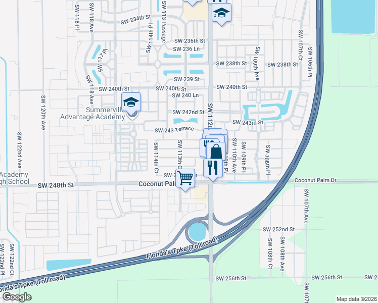 map of restaurants, bars, coffee shops, grocery stores, and more near 11322 Southwest 246th Street in Homestead