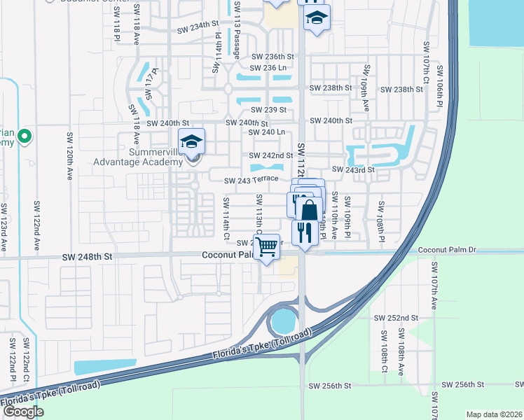 map of restaurants, bars, coffee shops, grocery stores, and more near 11322 Southwest 246th Street in Homestead