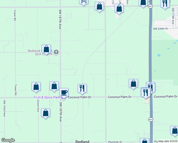 map of restaurants, bars, coffee shops, grocery stores, and more near 18280 Southwest 242nd Street in Homestead