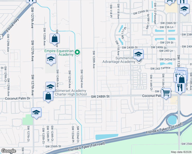 map of restaurants, bars, coffee shops, grocery stores, and more near 24340 Southwest 120th Avenue in Homestead