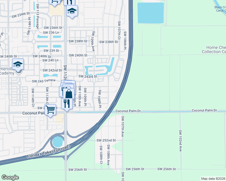 map of restaurants, bars, coffee shops, grocery stores, and more near 10773 Southwest 245th Street in Homestead
