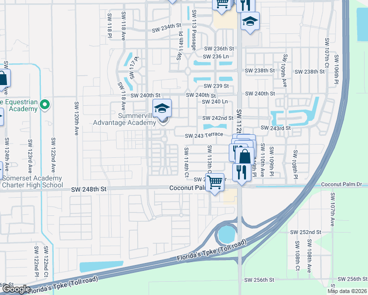 map of restaurants, bars, coffee shops, grocery stores, and more near 11461 Southwest 244th Terrace in Homestead