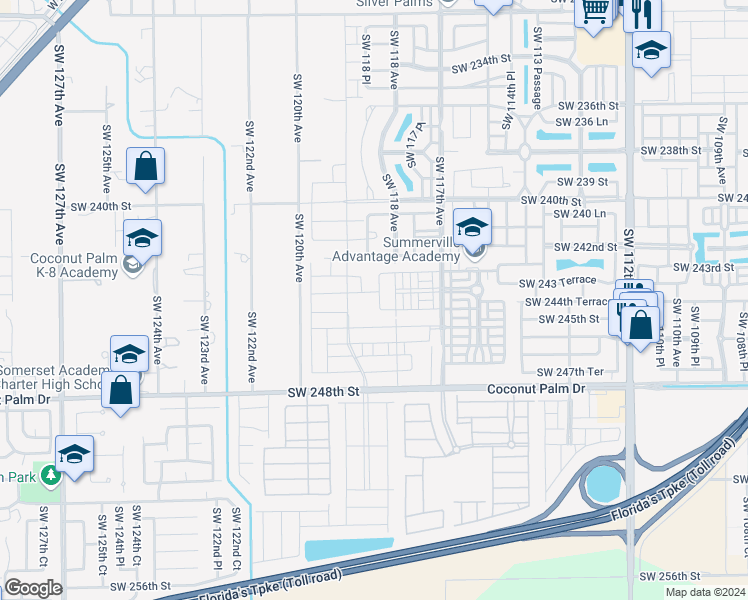 map of restaurants, bars, coffee shops, grocery stores, and more near 24424 Southwest 118 Court in Princeton