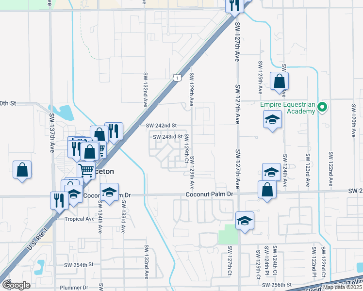 map of restaurants, bars, coffee shops, grocery stores, and more near 24373 Southwest 129th Place in Princeton