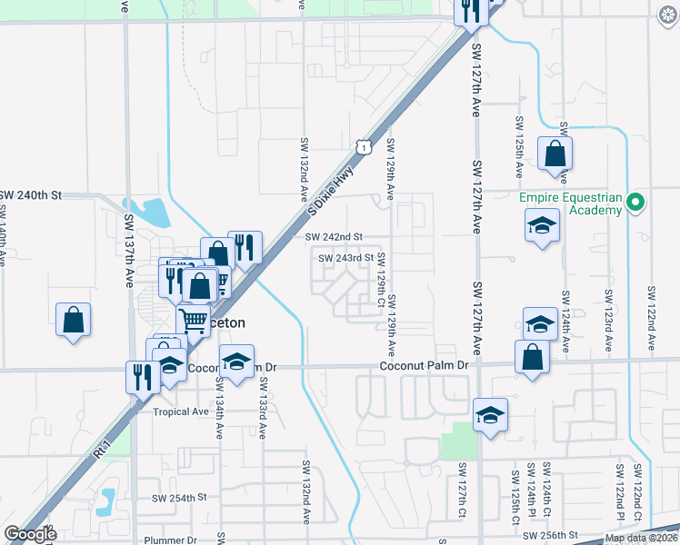 map of restaurants, bars, coffee shops, grocery stores, and more near 24344 Southwest 130th Place in Homestead