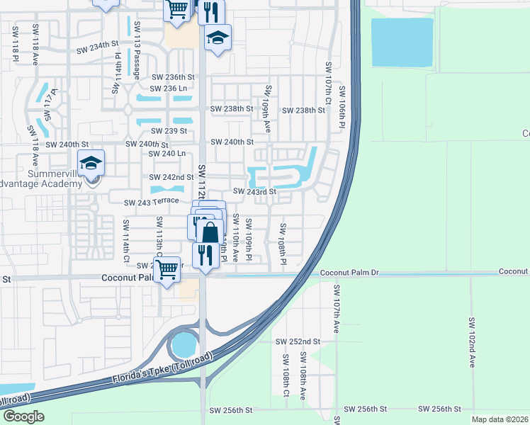 map of restaurants, bars, coffee shops, grocery stores, and more near 10917 Southwest 244th Terrace in Homestead
