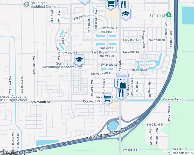 map of restaurants, bars, coffee shops, grocery stores, and more near 11373 SW 244th Terrace in Homestead