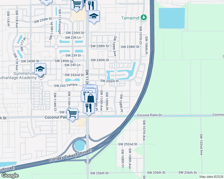 map of restaurants, bars, coffee shops, grocery stores, and more near 10917 Southwest 244th Terrace in Homestead