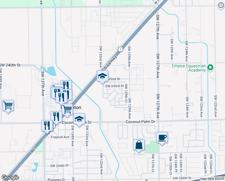 map of restaurants, bars, coffee shops, grocery stores, and more near 24344 Southwest 130th Place in Homestead