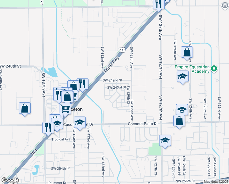 map of restaurants, bars, coffee shops, grocery stores, and more near 24344 SW 130th Pl in Homestead