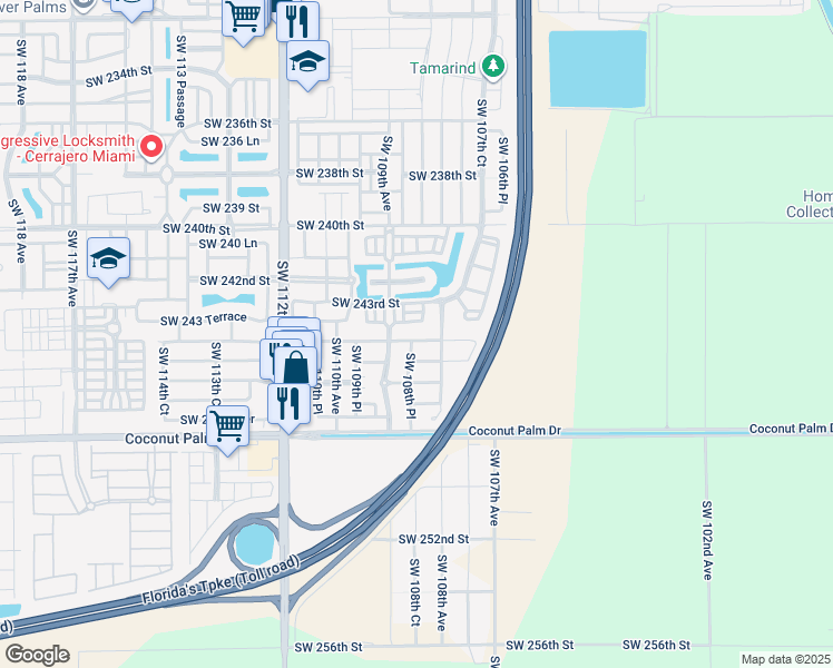 map of restaurants, bars, coffee shops, grocery stores, and more near 10841 Southwest 244th Terrace in Homestead
