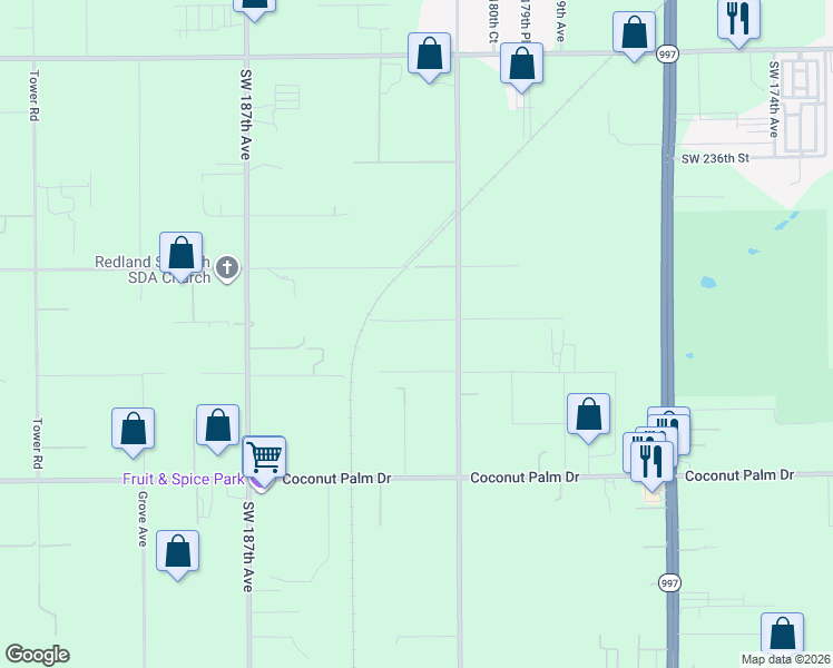 map of restaurants, bars, coffee shops, grocery stores, and more near 18280 Southwest 242nd Street in Homestead