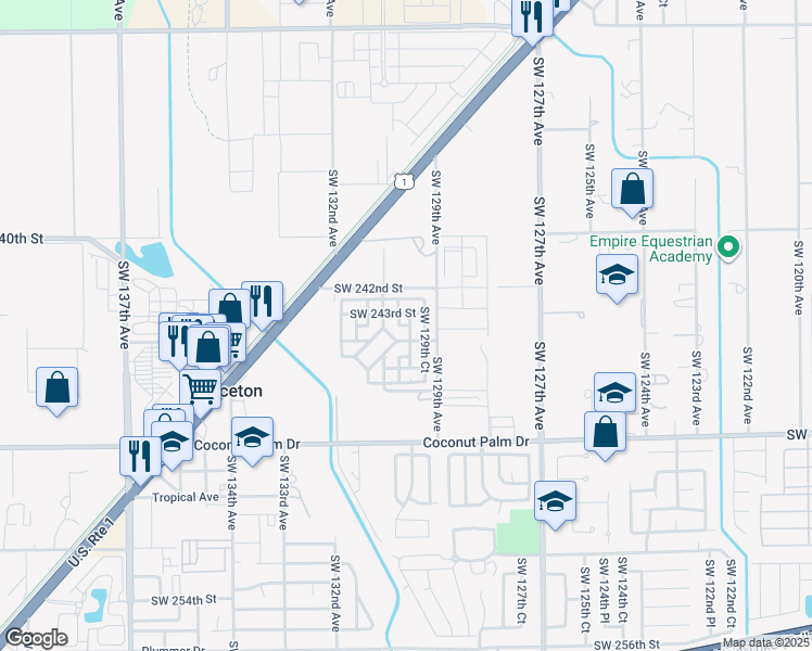 map of restaurants, bars, coffee shops, grocery stores, and more near 24373 Southwest 129th Place in Princeton