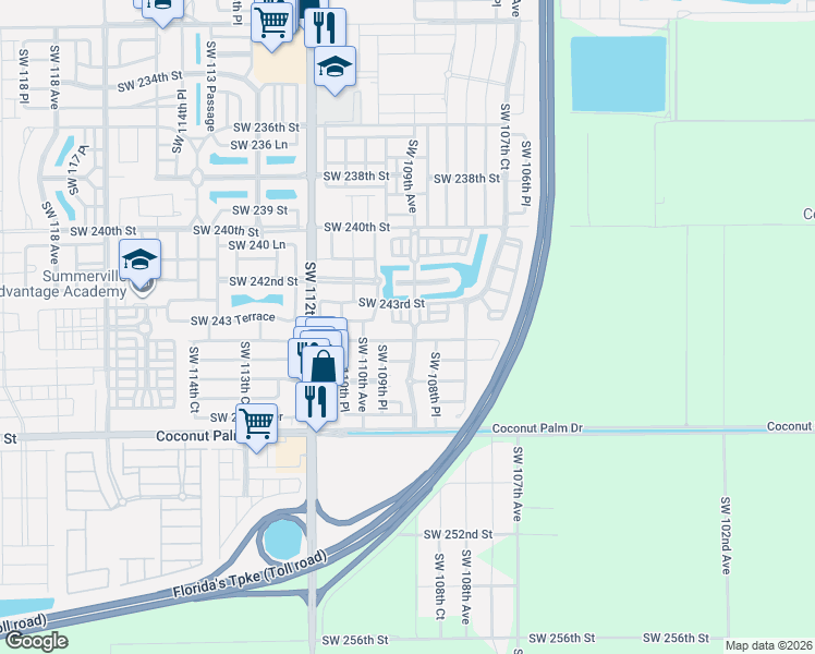 map of restaurants, bars, coffee shops, grocery stores, and more near 10917 Southwest 244th Terrace in Homestead