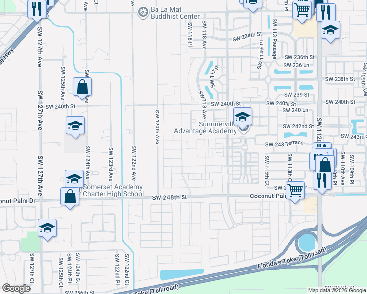 map of restaurants, bars, coffee shops, grocery stores, and more near 24424 Southwest 118 Court in Princeton