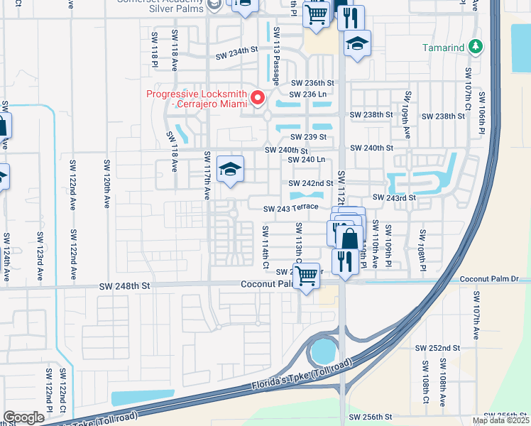 map of restaurants, bars, coffee shops, grocery stores, and more near 11428 Southwest 243 Terrace in Homestead