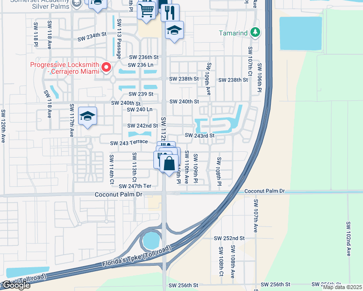 map of restaurants, bars, coffee shops, grocery stores, and more near 10981 Southwest 244th Terrace in Princeton