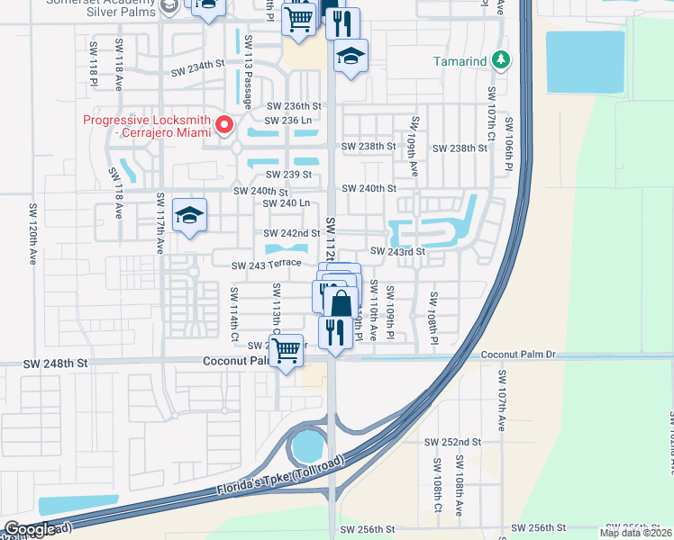 map of restaurants, bars, coffee shops, grocery stores, and more near 11108 Southwest 243rd Lane in Homestead