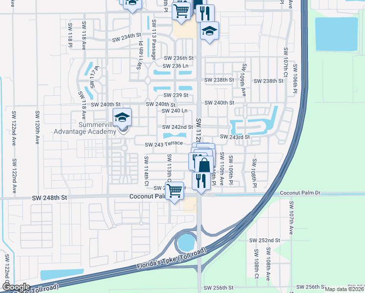 map of restaurants, bars, coffee shops, grocery stores, and more near 11262 Southwest 243rd Terrace in Homestead
