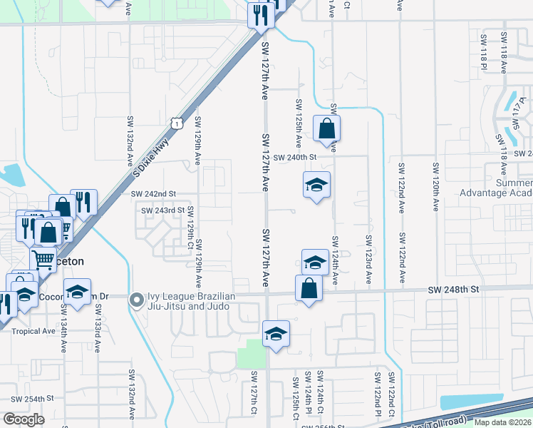 map of restaurants, bars, coffee shops, grocery stores, and more near 24450 Southwest 127th Avenue in Homestead