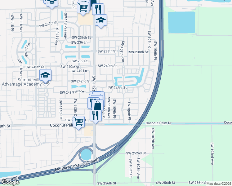 map of restaurants, bars, coffee shops, grocery stores, and more near 10917 Southwest 244th Terrace in Homestead