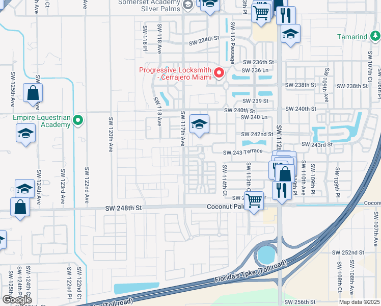 map of restaurants, bars, coffee shops, grocery stores, and more near 11583 Southwest 244th Street in Princeton