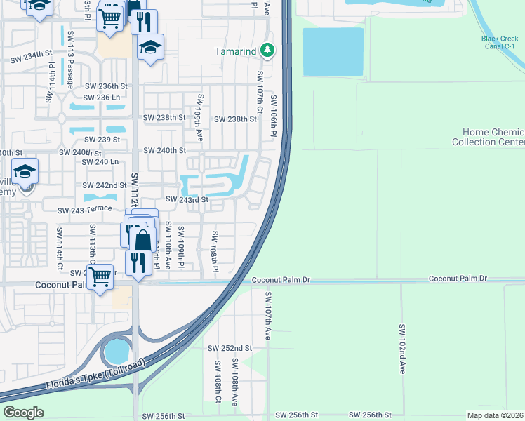 map of restaurants, bars, coffee shops, grocery stores, and more near 24371 Southwest 107th Avenue in Homestead