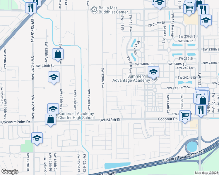 map of restaurants, bars, coffee shops, grocery stores, and more near 24550 Southwest 119 Avenue in Homestead