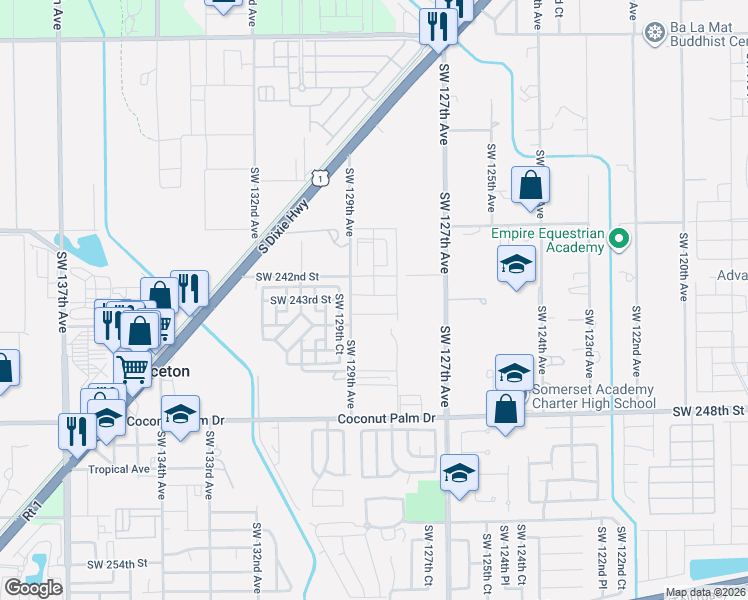 map of restaurants, bars, coffee shops, grocery stores, and more near 24221-24433 Southwest 129th Avenue in Princeton