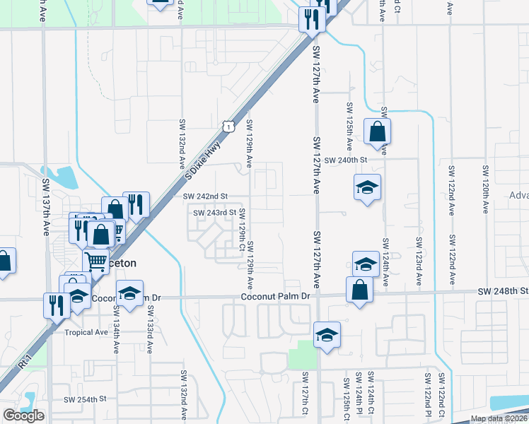 map of restaurants, bars, coffee shops, grocery stores, and more near 24221-24433 Southwest 129th Avenue in Princeton