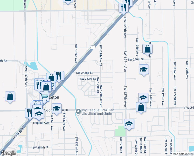 map of restaurants, bars, coffee shops, grocery stores, and more near 12931 Southwest 242nd Terrace in Homestead