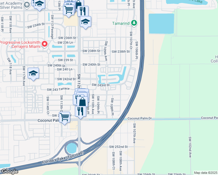 map of restaurants, bars, coffee shops, grocery stores, and more near 10854 Southwest 242nd Street in Homestead