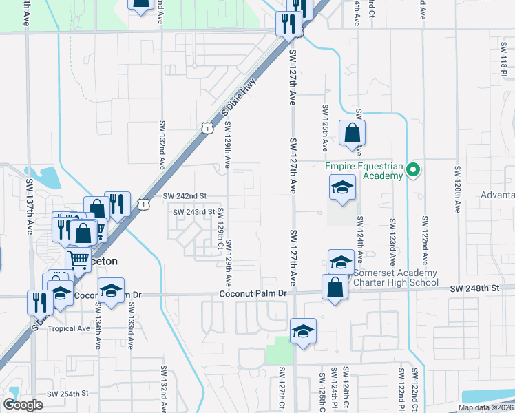 map of restaurants, bars, coffee shops, grocery stores, and more near 24201 Southwest 129th Avenue in Homestead