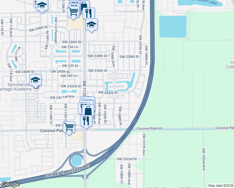 map of restaurants, bars, coffee shops, grocery stores, and more near 24363 Southwest 109th Avenue in Homestead