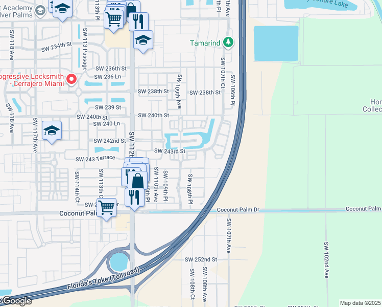 map of restaurants, bars, coffee shops, grocery stores, and more near 10836 Southwest 243rd Street in Homestead