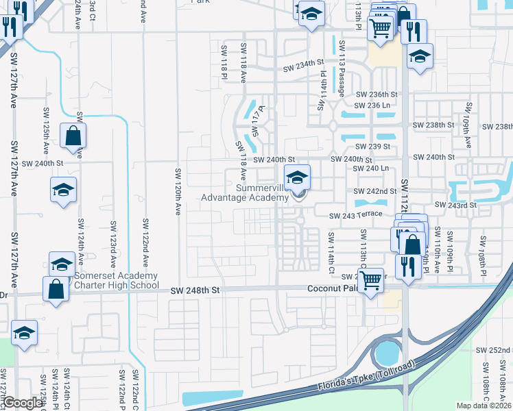 map of restaurants, bars, coffee shops, grocery stores, and more near 11786 Southwest 242 Terrace in Princeton