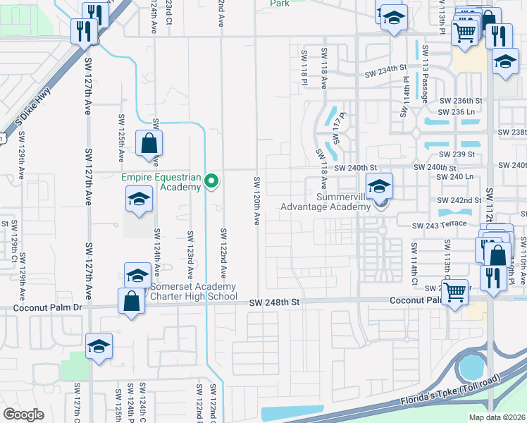 map of restaurants, bars, coffee shops, grocery stores, and more near 24200 Southwest 120th Avenue in Homestead