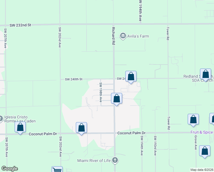 map of restaurants, bars, coffee shops, grocery stores, and more near 19725 Southwest 241 Terrace in Homestead