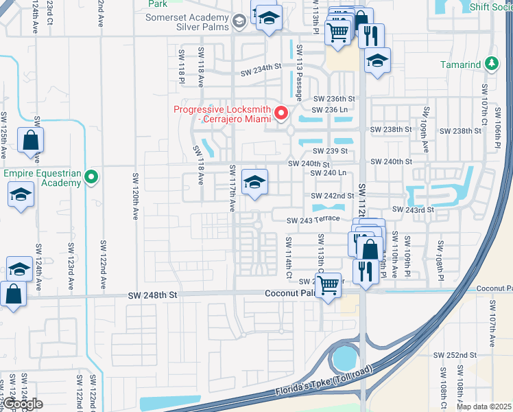 map of restaurants, bars, coffee shops, grocery stores, and more near 11575 Southwest 243 Street in Homestead